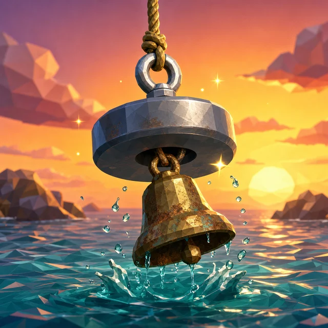 Rust & Found app icon: a magnet lifting a rusted brass bell from teal water.
