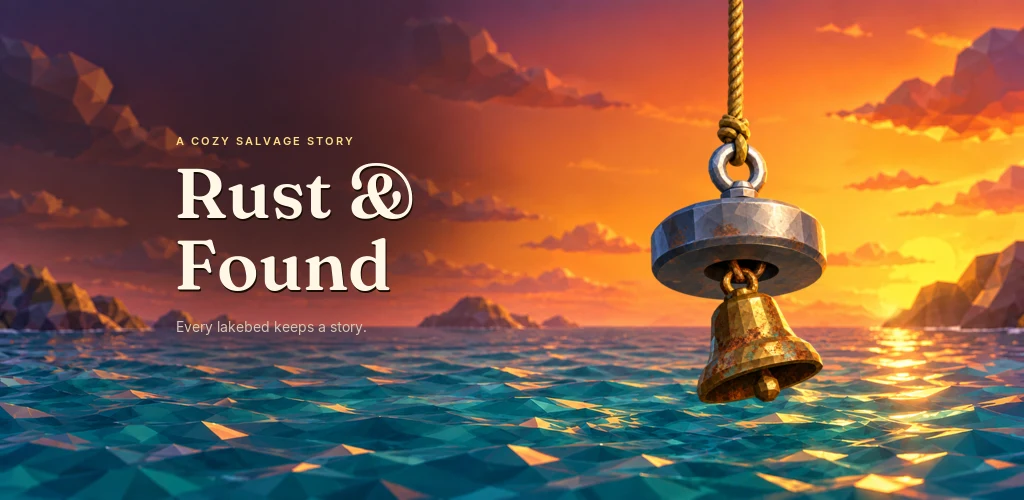 Rust & Found key art: a rusted brass dinner bell lifted from teal water by a salvage magnet against an orange sunset.