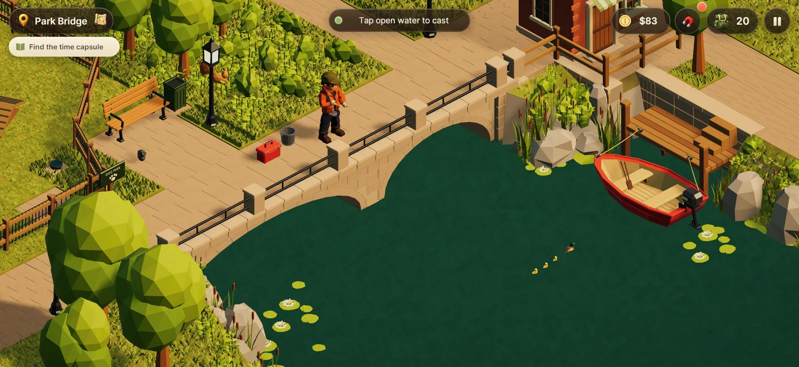 Park Bridge: a river running under a park bridge, lawns and trees on both banks.