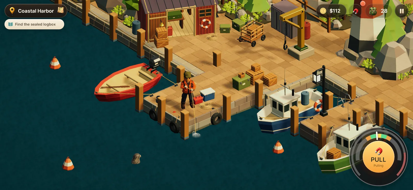 Coastal Harbor: fishing boats moored along a stone quay, a crane and crates on the dockside.