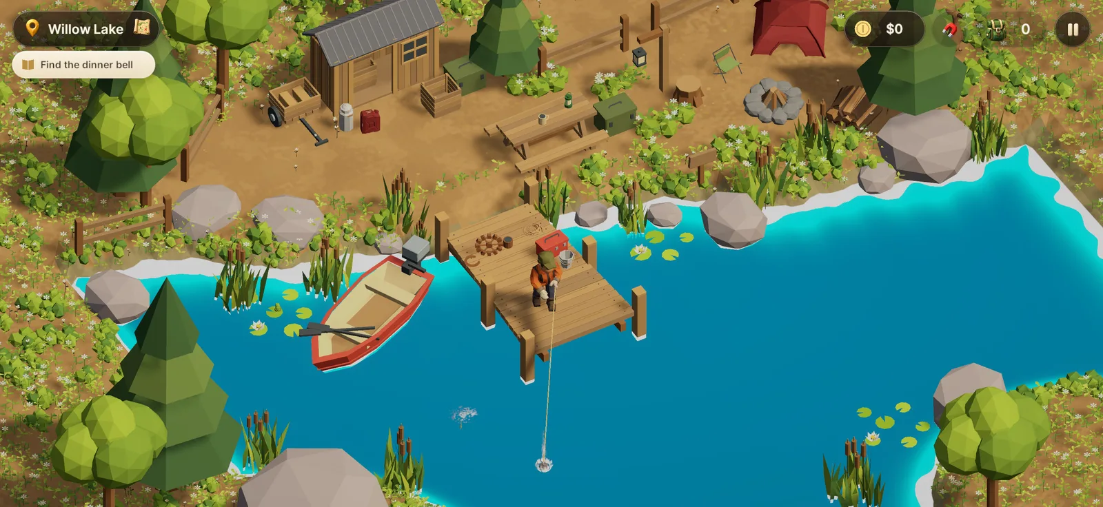 A fisher casting a magnet from a wooden dock at Willow Lake, with a campsite on the shore.
